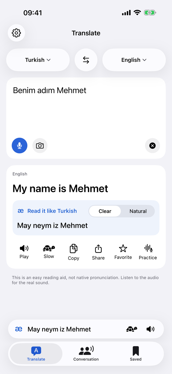 Spontion translating Benim adım Mehmet to My name is Mehmet, with the pronunciation May neym iz Mehmet written for Turkish readers